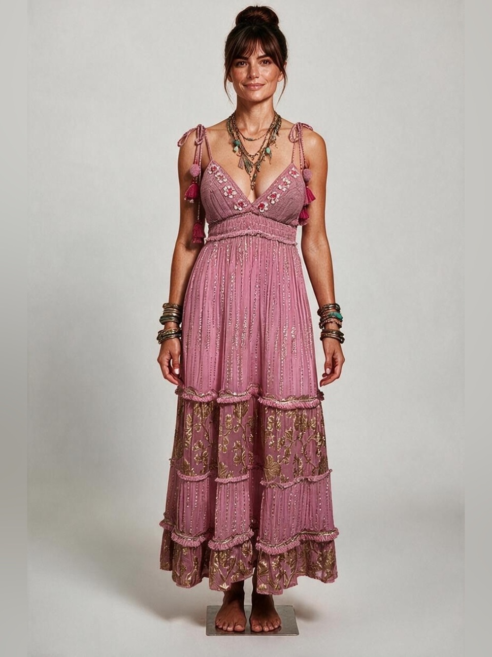 Piti Cuiti boho-chic pink maxi dress combines romantic, feminine detailing Sz S